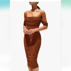 Brown Ruched Cold Shoulder Midi Dress